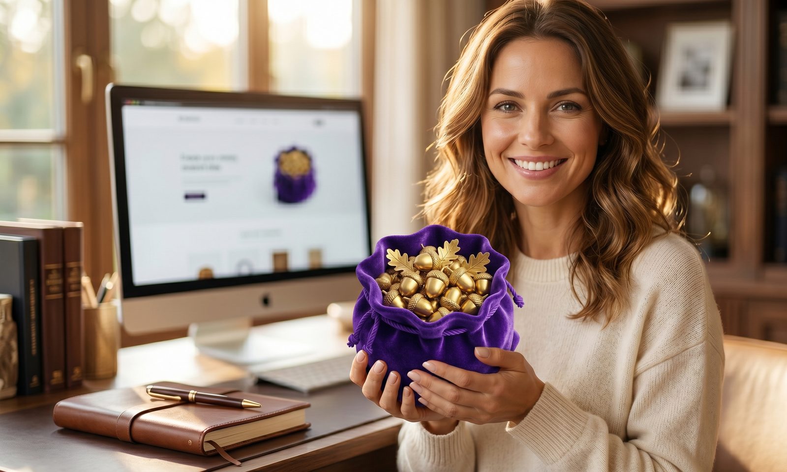 Woman holding a purple velvet pouch full of golden acorns — the OakBag brand